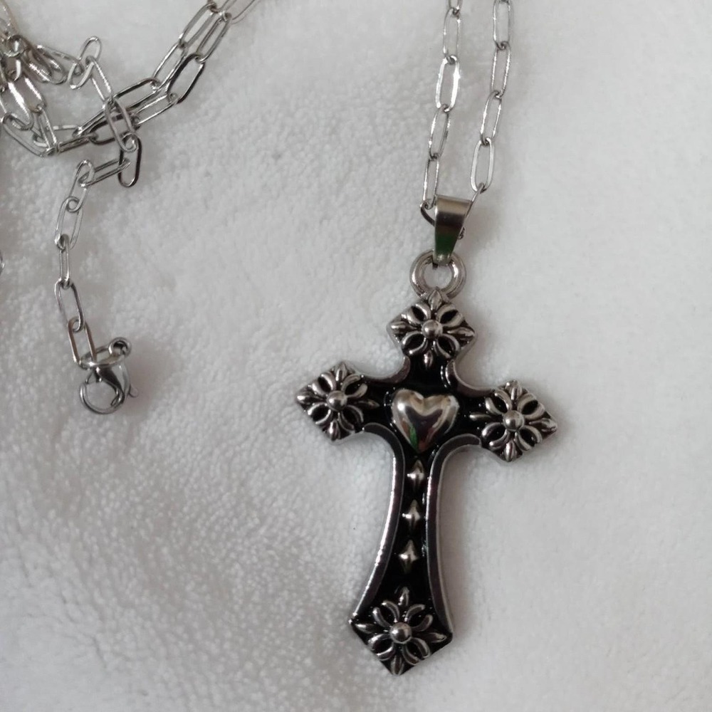 Black silver heart flowers cross